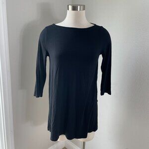 Eileen Fisher Womens XS Black 3/4 Sleeve Tunic Top Viscose Blend Stretch Shirt